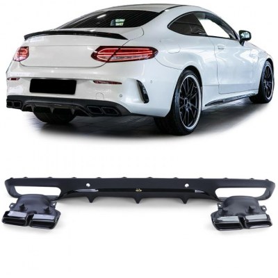 DIFFUSEUR ARRIÈRE + EMBOUTS ÉCHAPPEMENTS NOIR LOOK C63 AMG POUR MERCEDES CLASSE C COUPE (C205) PACK AMG